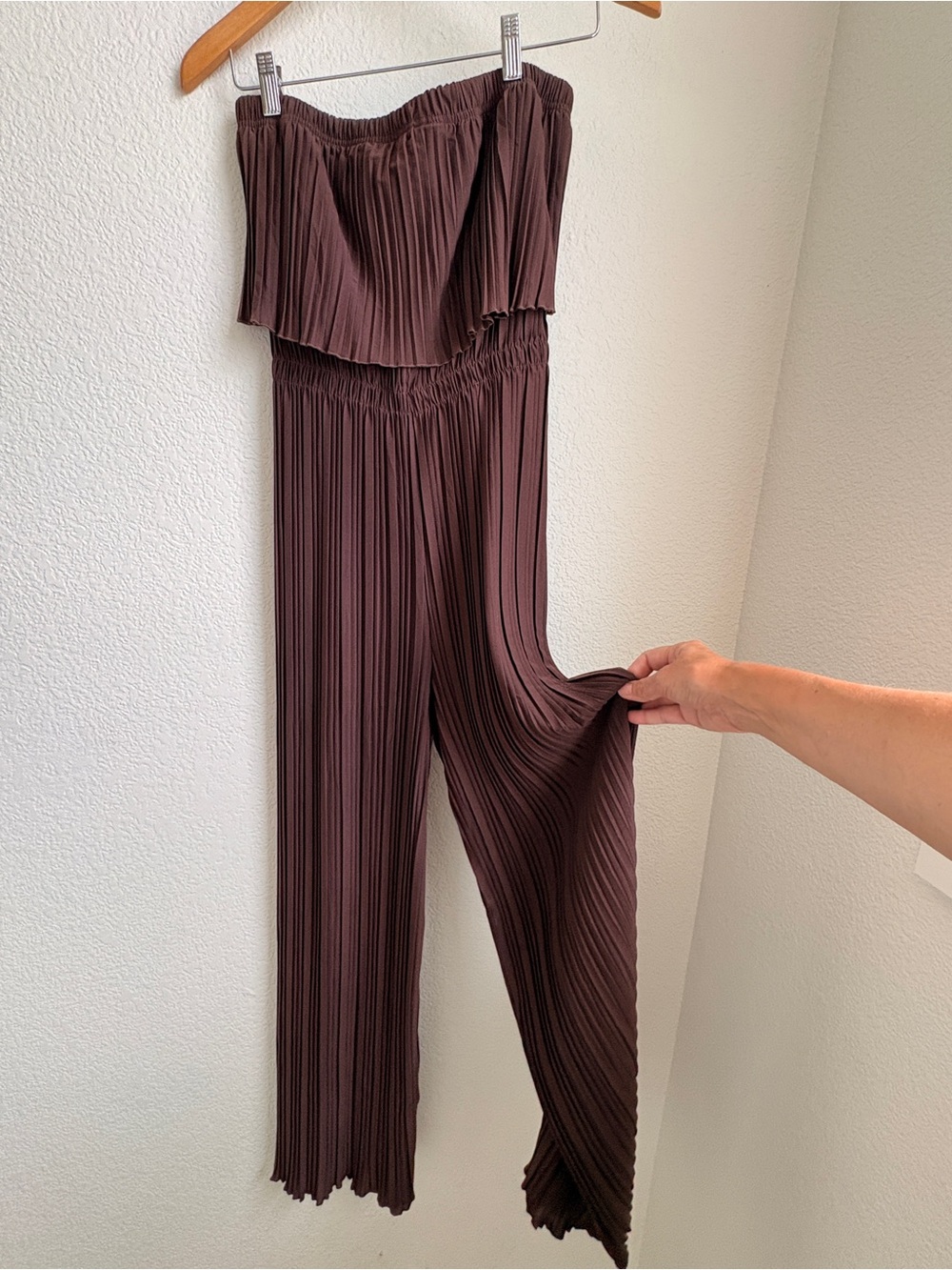 Strapless Pleated Jumpsuit in Deep Brown